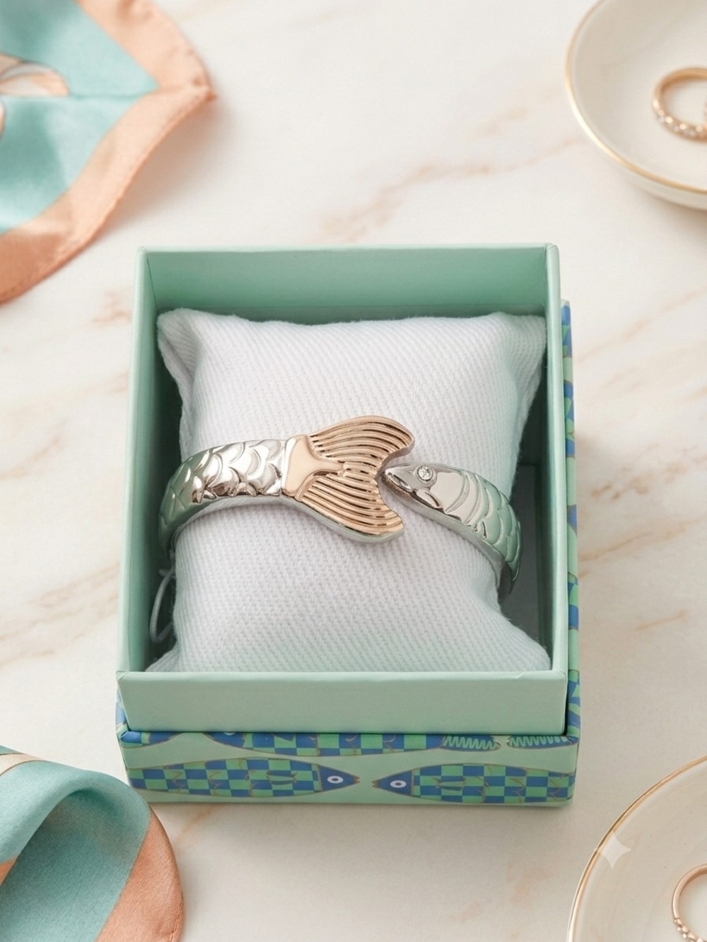 Piper K Two-Tone Fish Tail Hinged Cuff Bracelet - Silver & Gold New